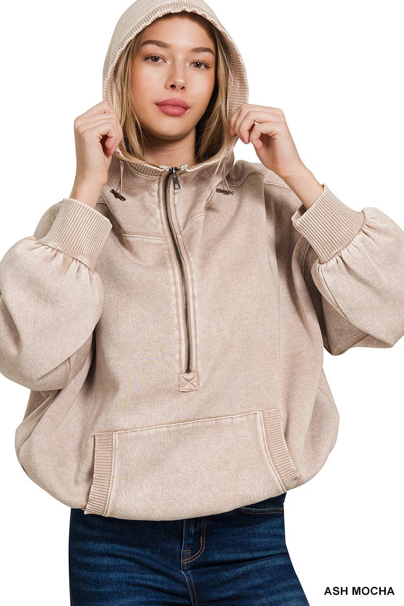 Washed Drawstring Hem Half Zip Kangaroo Hoodie: ASH MOCHA