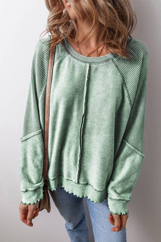 Waffle Knit Patchwork Exposed Seam Raglan Sweatshirt: Mineral Green