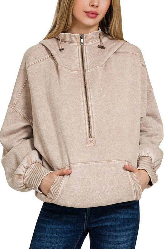 Washed Drawstring Hem Half Zip Kangaroo Hoodie: ASH MOCHA