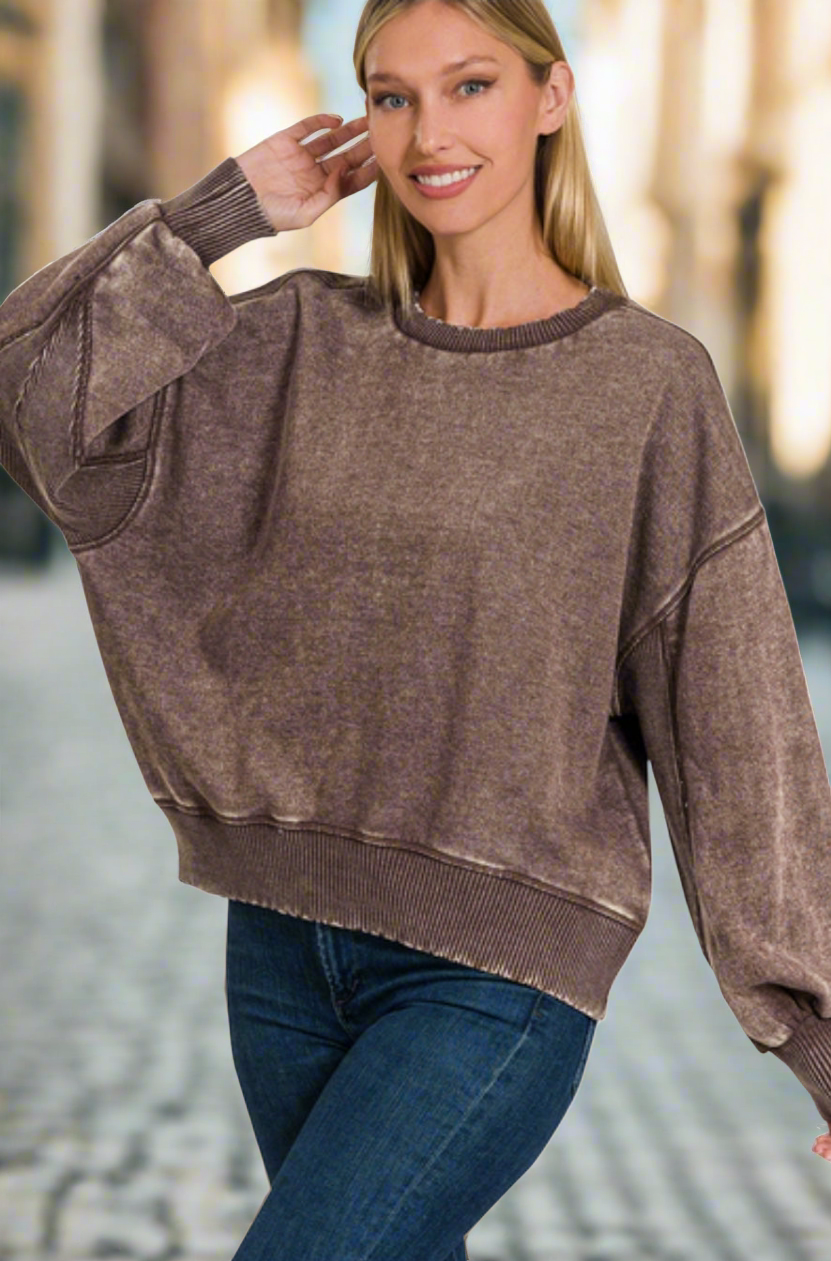 Acid Washed Oversized Fleece Sweatshirt Pullover: Brown