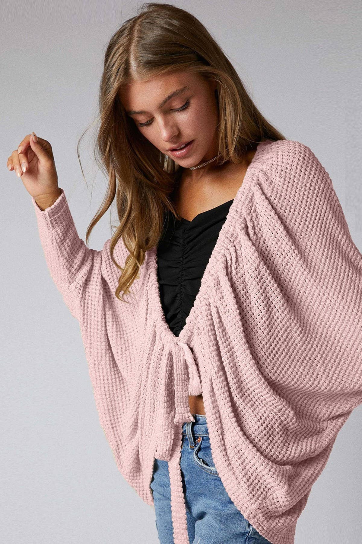 Ruched Tie Front Cocoon Cardigan: PALE MAUVE