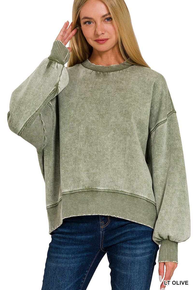 Acid Washed Oversized Fleece Sweatshirt Pullover: LT OLIVE