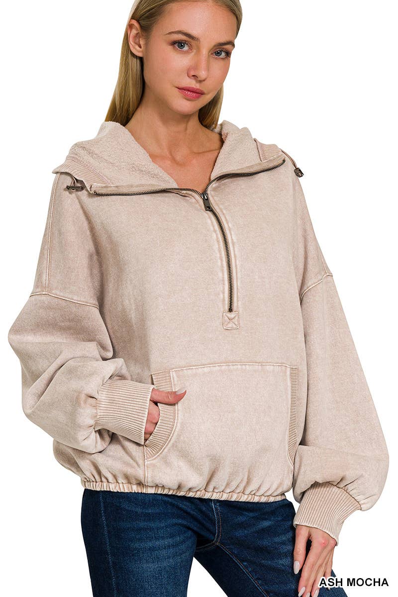 Washed Drawstring Hem Half Zip Kangaroo Hoodie: ASH MOCHA