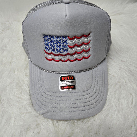 Coquette Embroidered American Flag Gray Trucker Hat - Gals and Dogs Boutique Limited
