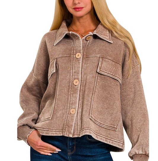 Mocha acid wash fleece cropped shacket with front pockets.