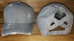 Gray Distressed Cotton Criss Cross Ponytail Hat - Gals and Dogs Boutique Limited