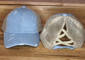 Light Distressed Denim Criss Cross Ponytail Hat - Gals and Dogs Boutique Limited