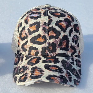 Leopard Distressed Criss Cross Ponytail Hat - Gals and Dogs Boutique Limited