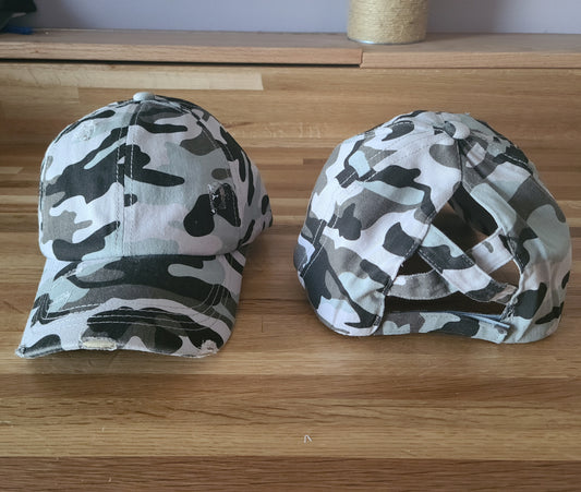 Light Camo Distressed Criss Cross Ponytail Hat - Gals and Dogs Boutique Limited