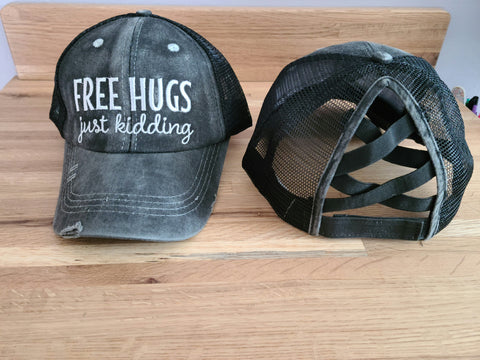 Distressed Free Hugs, Just Kidding Criss Cross Ponytail Hat - Gals and Dogs Boutique Limited
