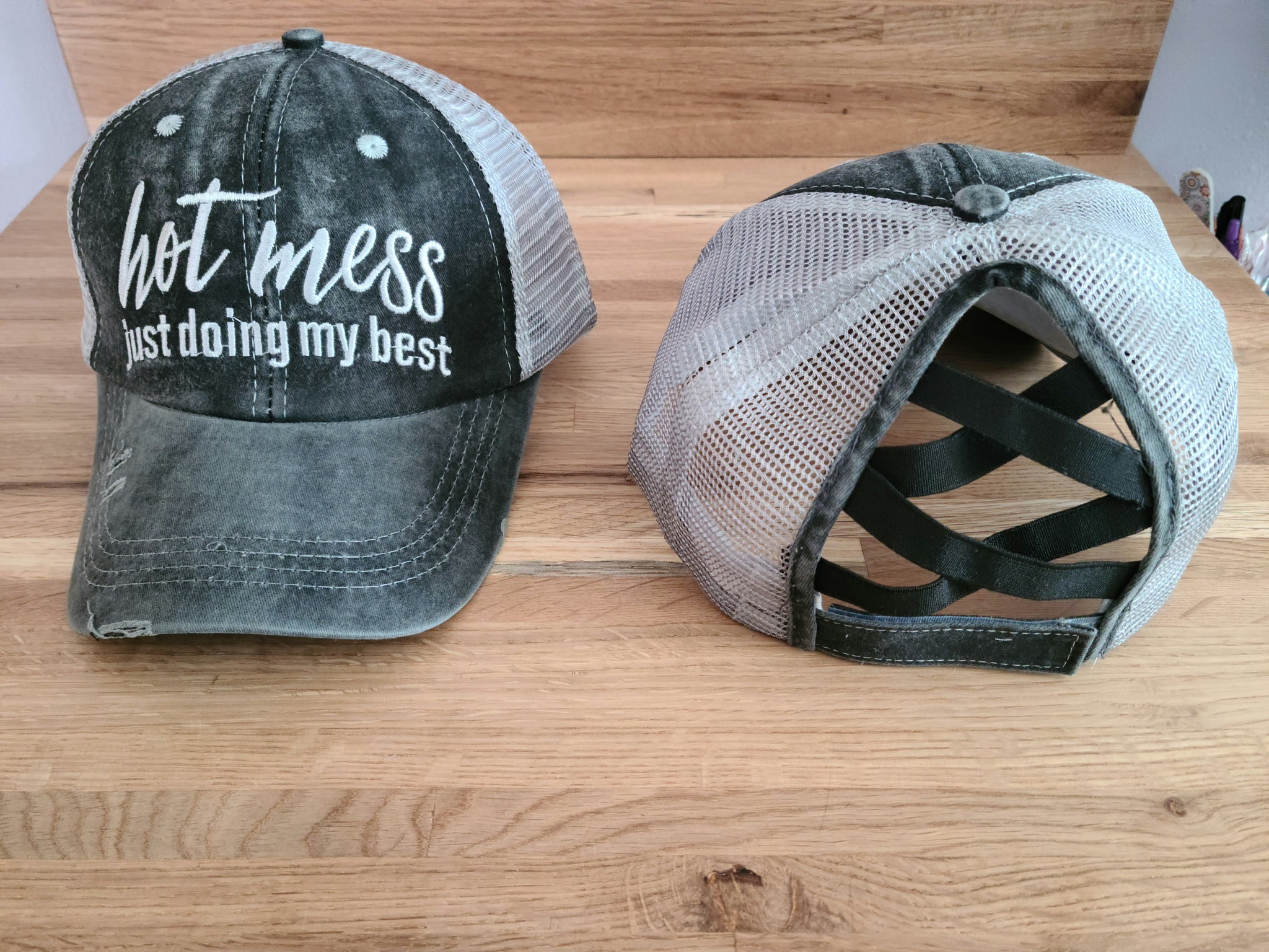 Distressed Hot Mess Doing my Best Criss Cross Ponytail Hat - 2 Color options - Gals and Dogs Boutique Limited