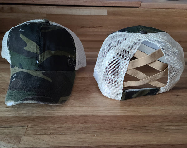 Distressed Camo Criss Cross Ponytail Hat - Gals and Dogs Boutique Limited