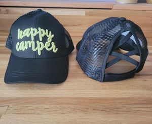 Happy Camper Color changing embroideryr Criss Cross Ponytail Hat - Gals and Dogs Boutique Limited