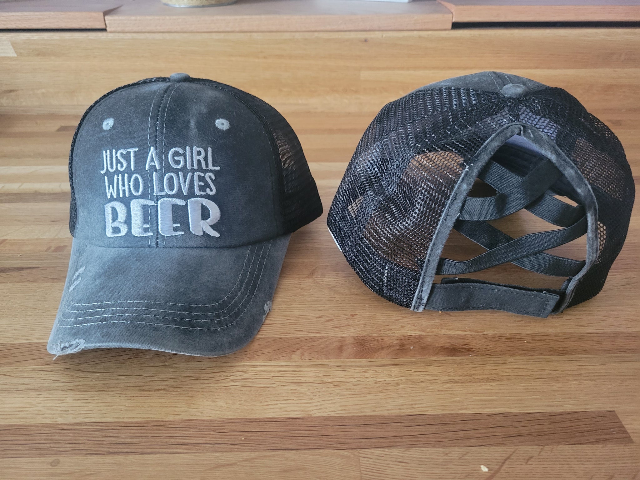 Distressed Embroidered Just a Girl Who Loves Beer Criss Cross Ponytail Hat - Gals and Dogs Boutique Limited
