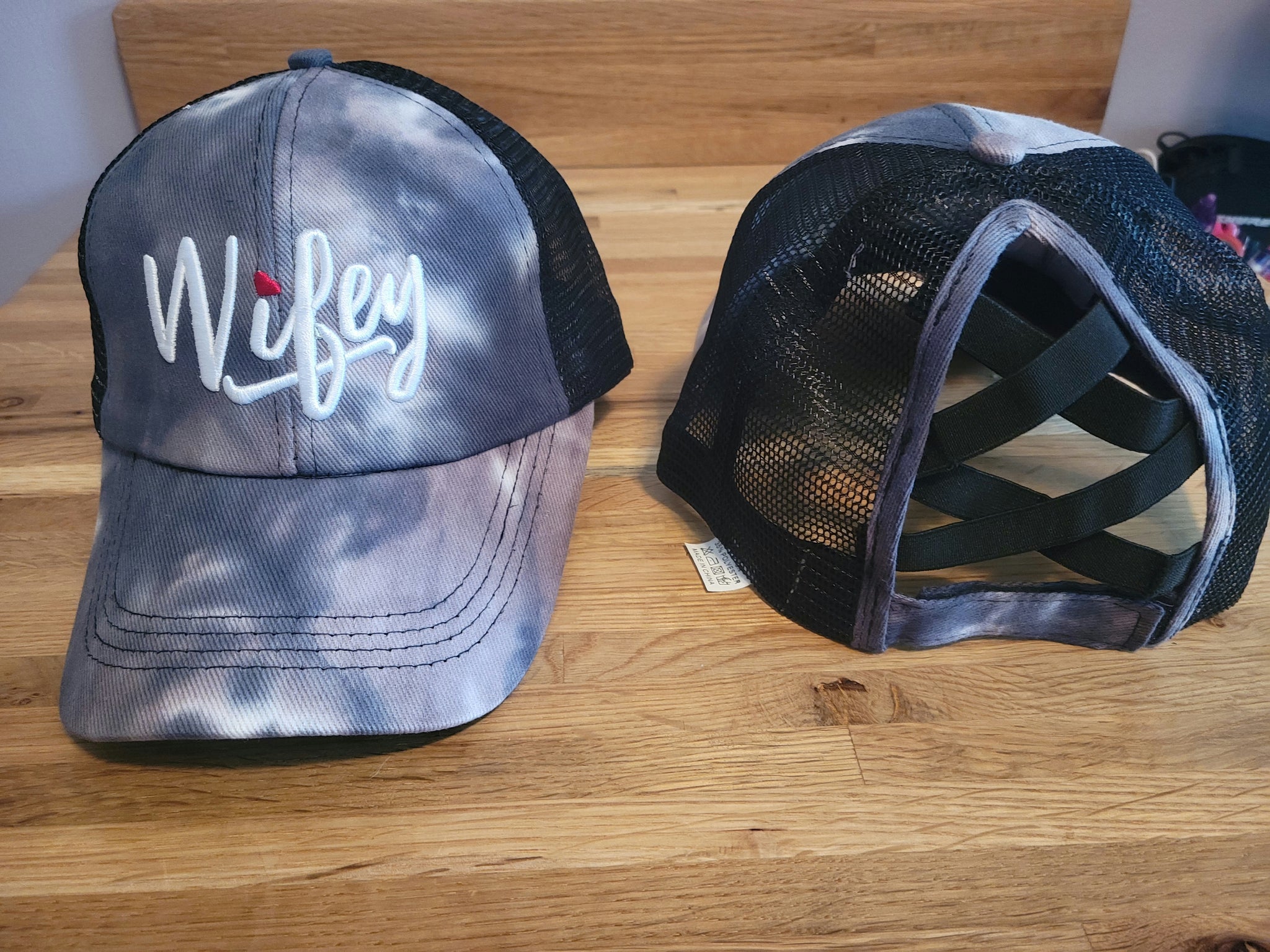 Tie Dyed Trucker Wifey Criss Cross Ponytail Hat - Gals and Dogs Boutique Limited