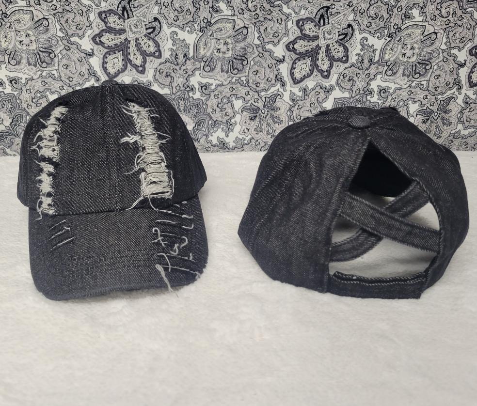 Dark Distressed Denim Criss Cross Ponytail Hat - Gals and Dogs Boutique Limited