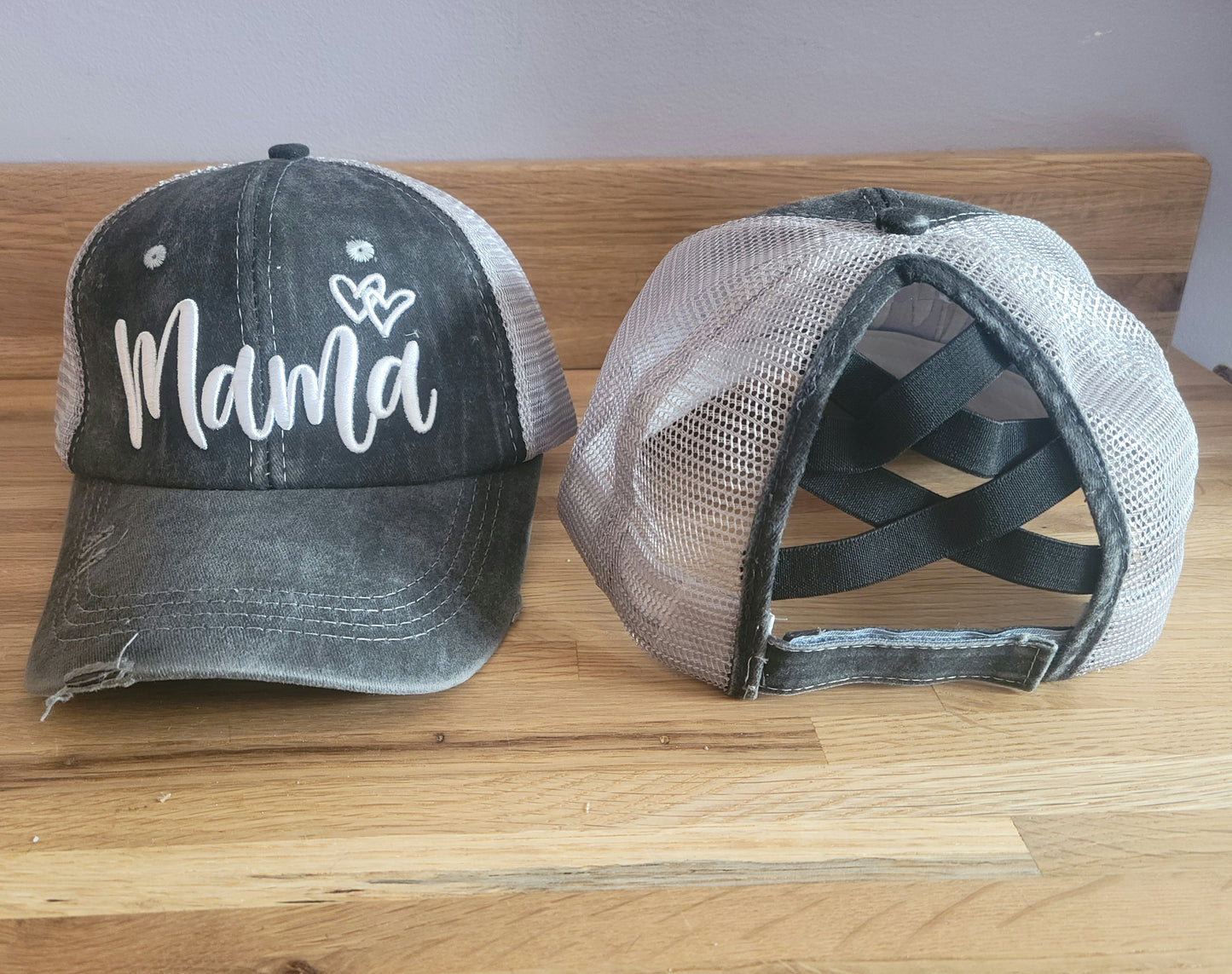 Distressed Embroidered Mama Criss Cross Ponytail Hat - 3 options - Gals and Dogs Boutique Limited