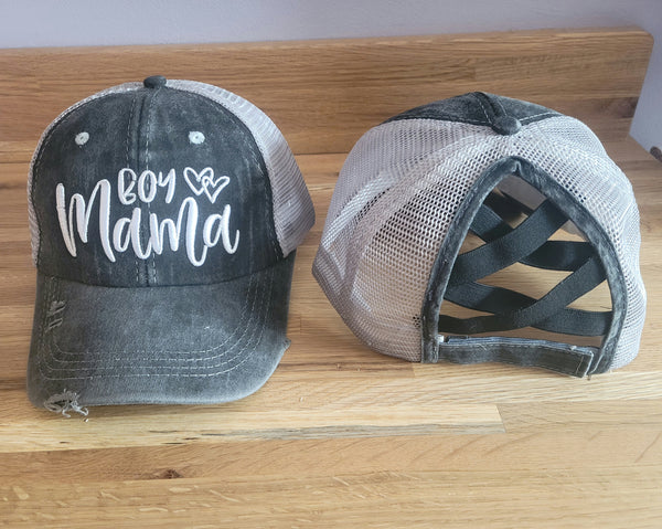 Distressed Embroidered Mama Criss Cross Ponytail Hat - 3 options - Gals and Dogs Boutique Limited
