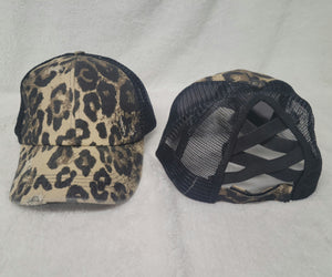 Distressed Leopard Print Criss Cross Ponytail Hat - Gals and Dogs Boutique Limited