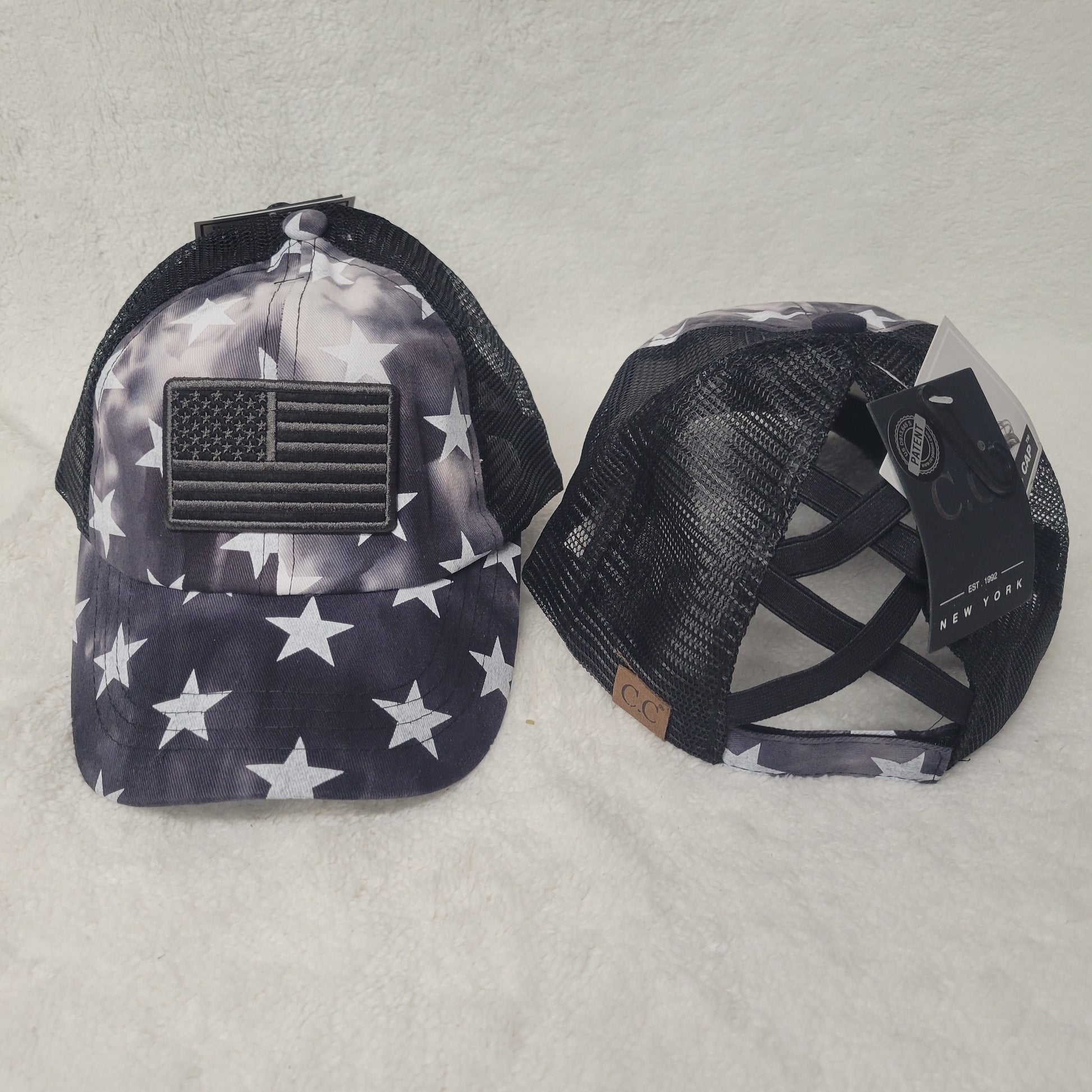 CC Brand Black and White Stars and American Flag Criss Cross Hat - Gals and Dogs Boutique Limited