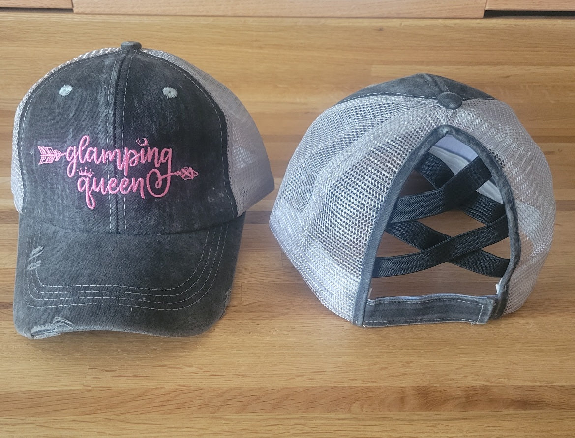 Distressed embroidered Glamping Queen Criss Cross Ponytail Hat - Gals and Dogs Boutique Limited