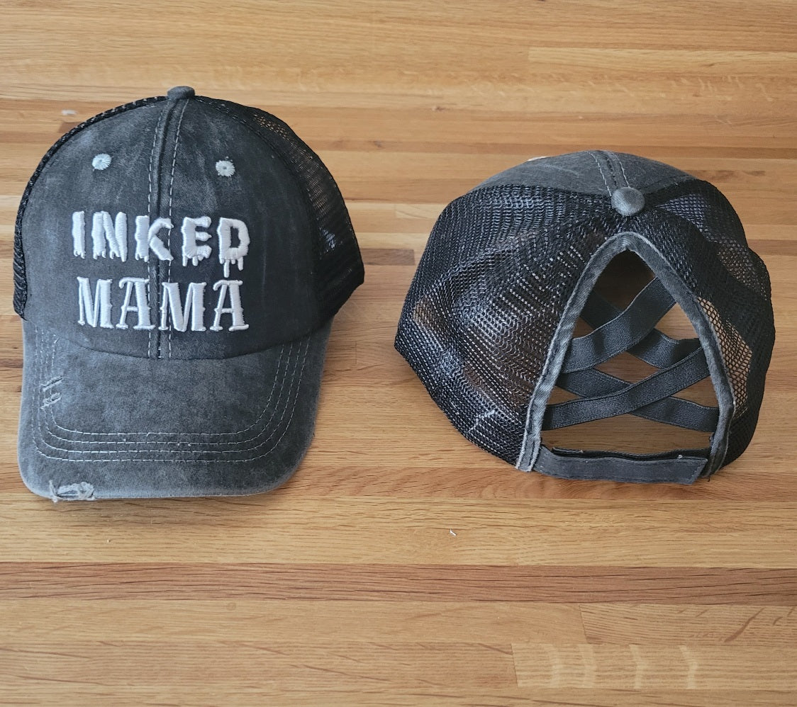 Distressed embroidered Inked Mama Criss Cross Ponytail Hat - Gals and Dogs Boutique Limited