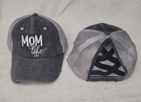 Distressed embroidered Mom Life Criss Cross Ponytail Hat - Gals and Dogs Boutique Limited