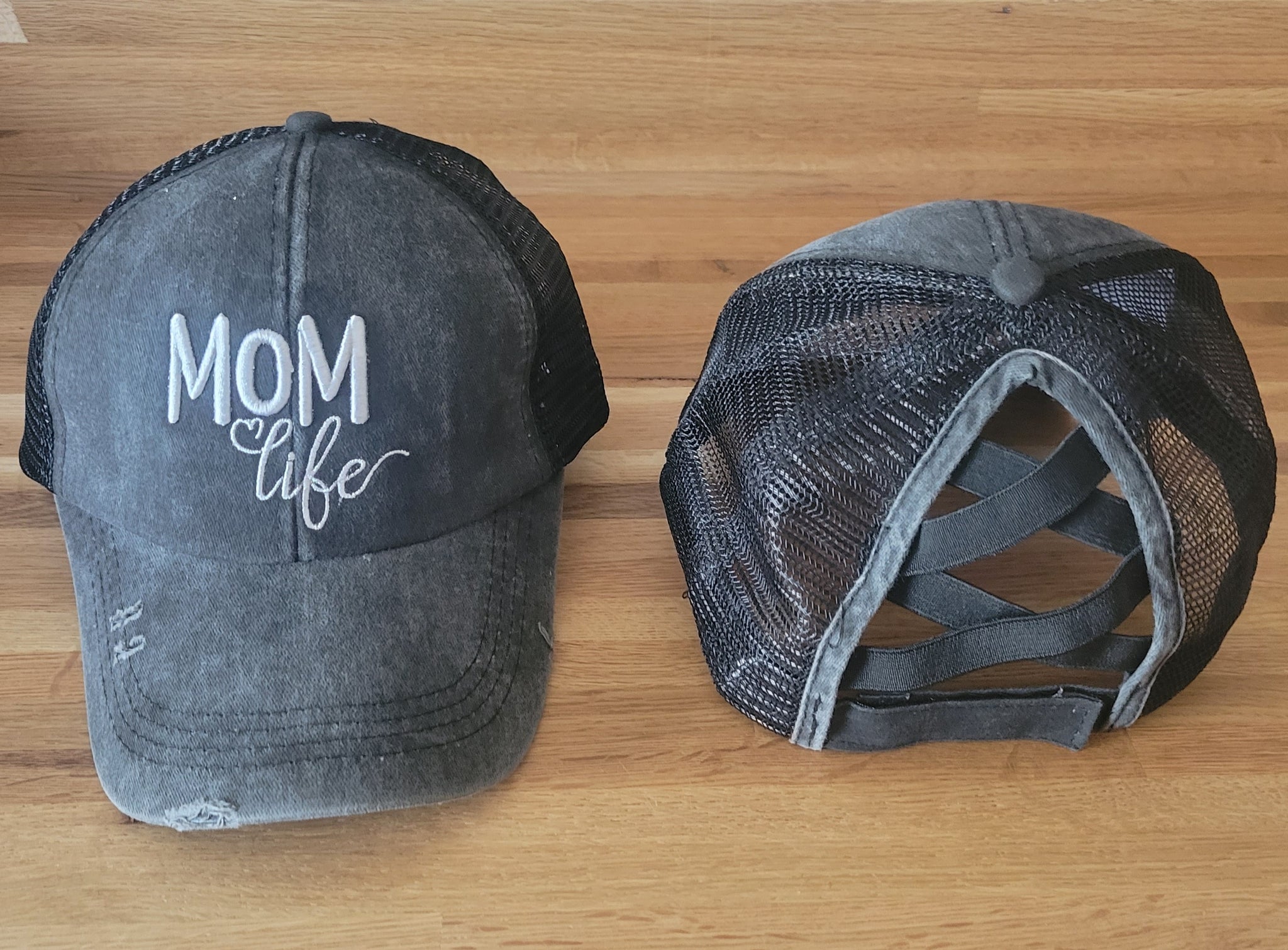 Black Distressed embroidered Mom Life Criss Cross Ponytail Hat