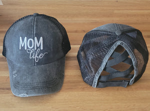 Black Distressed embroidered Mom Life Criss Cross Ponytail Hat - Gals and Dogs Boutique Limited