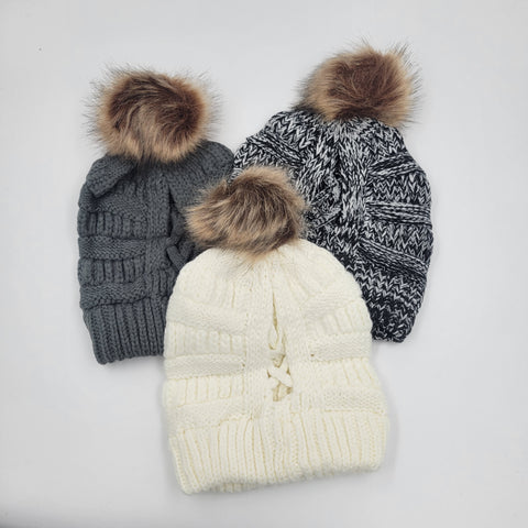 Set of 3 Criss Cross Ponytail Beanies with Pom