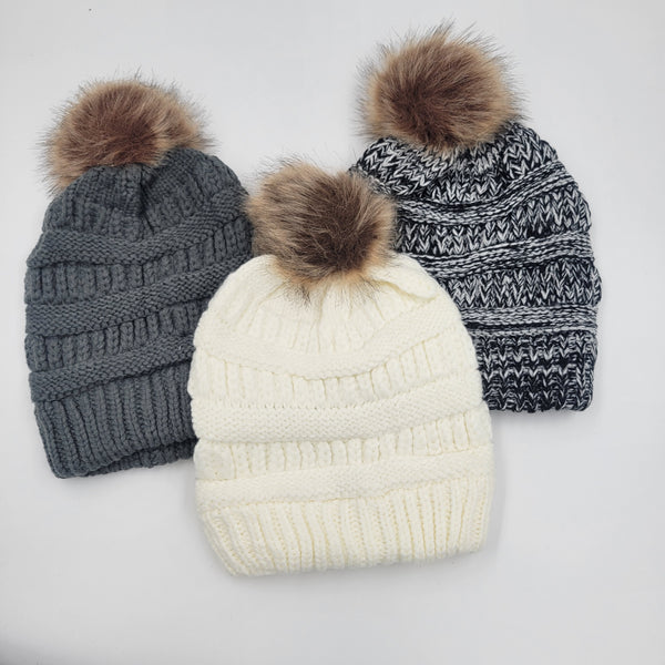 Set of 3 Criss Cross Ponytail Beanies with Pom