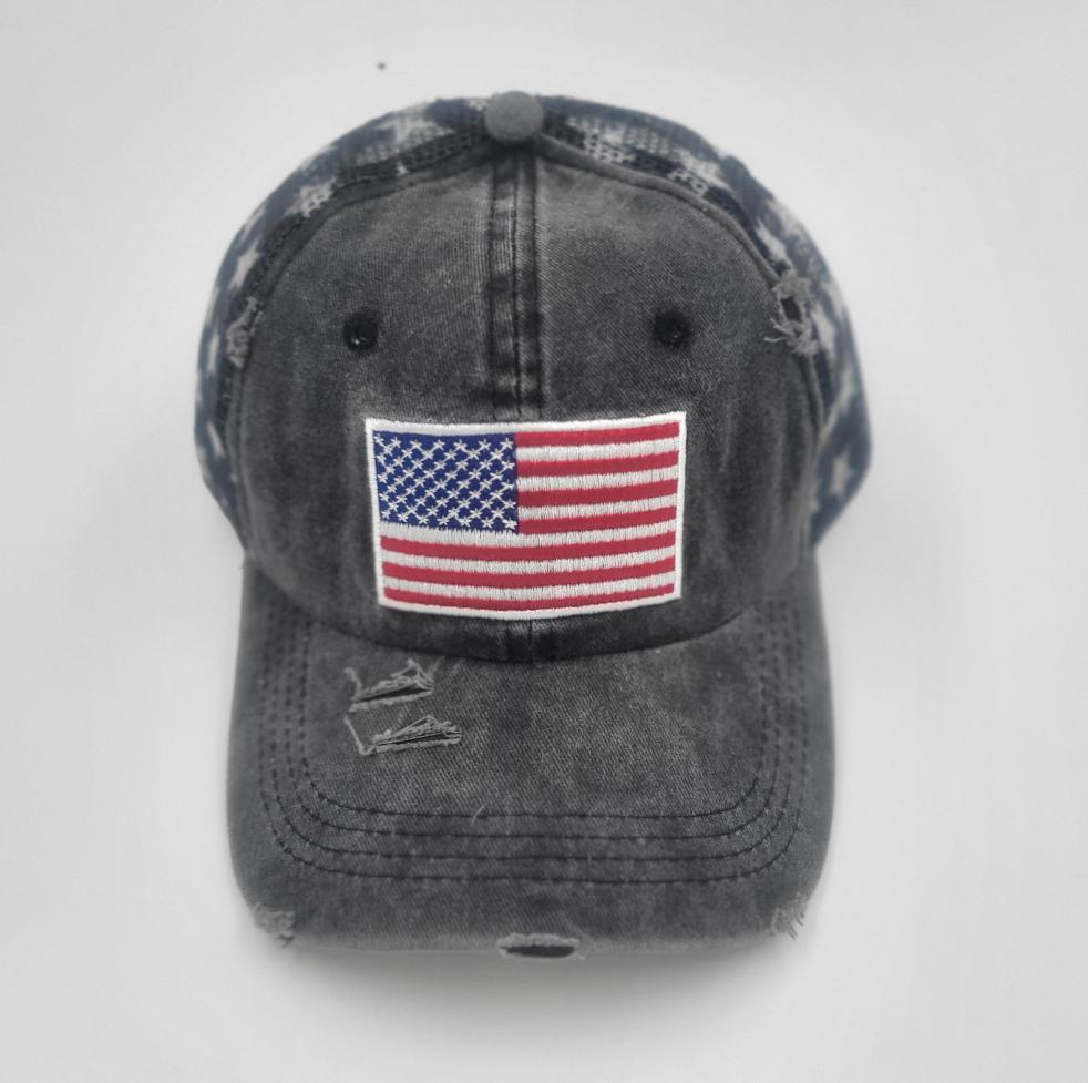 Distressed Charcoal Embroidered American Flag with Star Mesh Back - Gals and Dogs Boutique Limited