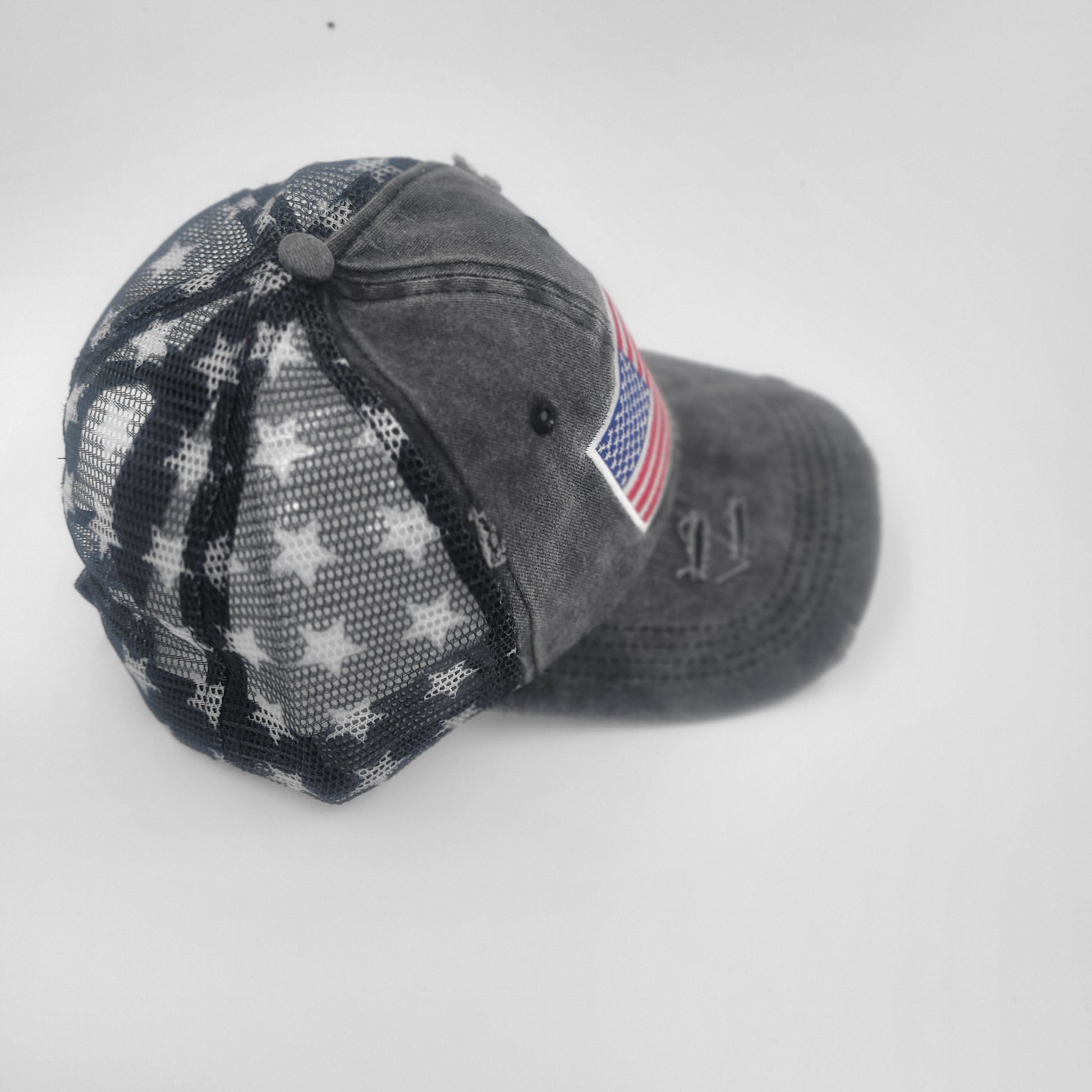 Distressed Charcoal Embroidered American Flag with Star Mesh Back - Gals and Dogs Boutique Limited