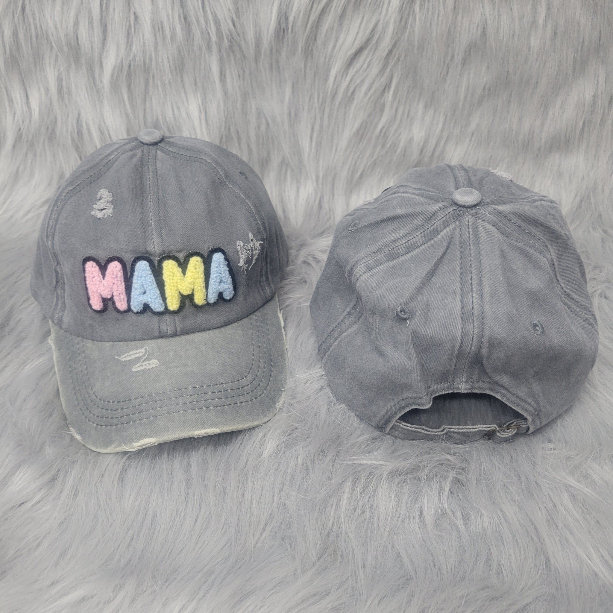 Gray Distressed Hat with Colorful Mama Embroidery