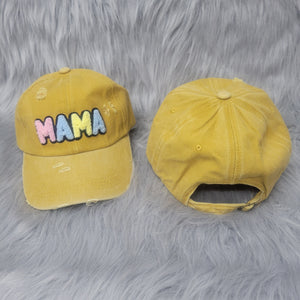 Mustard Distressed Hat with Colorful Mama Embroidery
