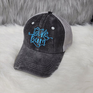 Distressed embroidered Lake Bum Criss Cross Ponytail Hat - Gals and Dogs Boutique Limited