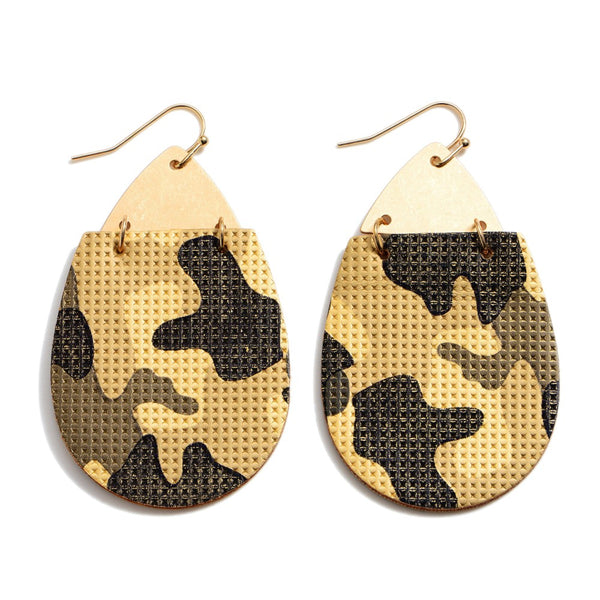 Faux Leather Camouflage Teardrop Earrings Featuring a Gold Metal Accent - Gals and Dogs Boutique Limited