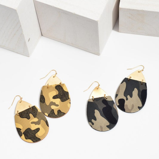 Faux Leather Camouflage Teardrop Earrings Featuring a Gold Metal Accent - Gals and Dogs Boutique Limited