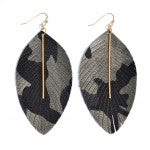 Faux Leather Camouflage Feather Tassel Drop Earrings Featuring a Gold Bar Hanging Center Accent - Gals and Dogs Boutique Limited