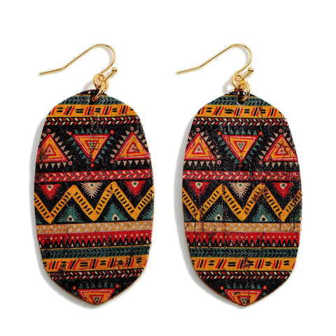 Cork Drop Earrings Featuring an Aztec Design - Gals and Dogs Boutique Limited