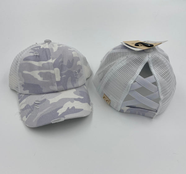 Kids C.C. Camo Distressed Criss Cross Ponytail Hats - Gals and Dogs Boutique Limited