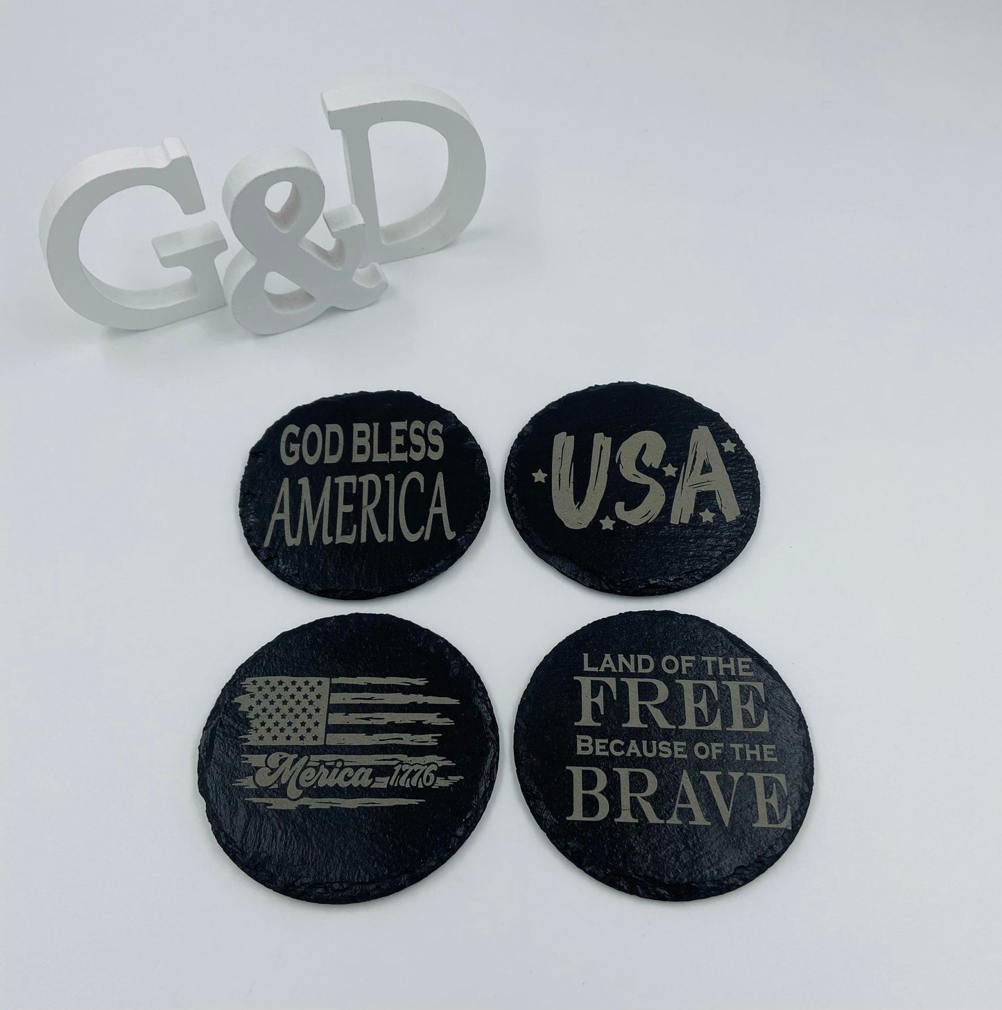 Patriotic Engraved Slate Round Coaster Set - Gals and Dogs Boutique Limited