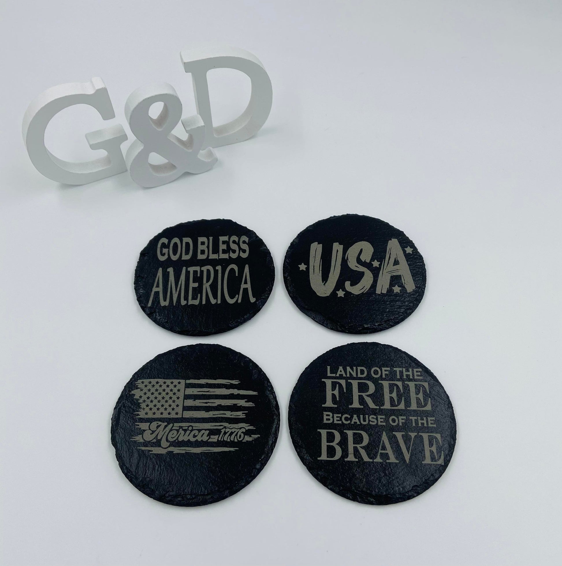 Patriotic Engraved Slate Round Coaster Set - Gals and Dogs Boutique Limited