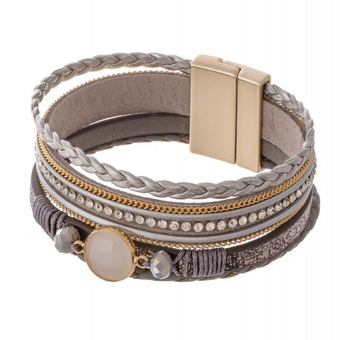 Braided Multi Strand Faux Leather Magnetic Bracelet Featuring Rhinestone and Stone Details - Gals and Dogs Boutique Limited