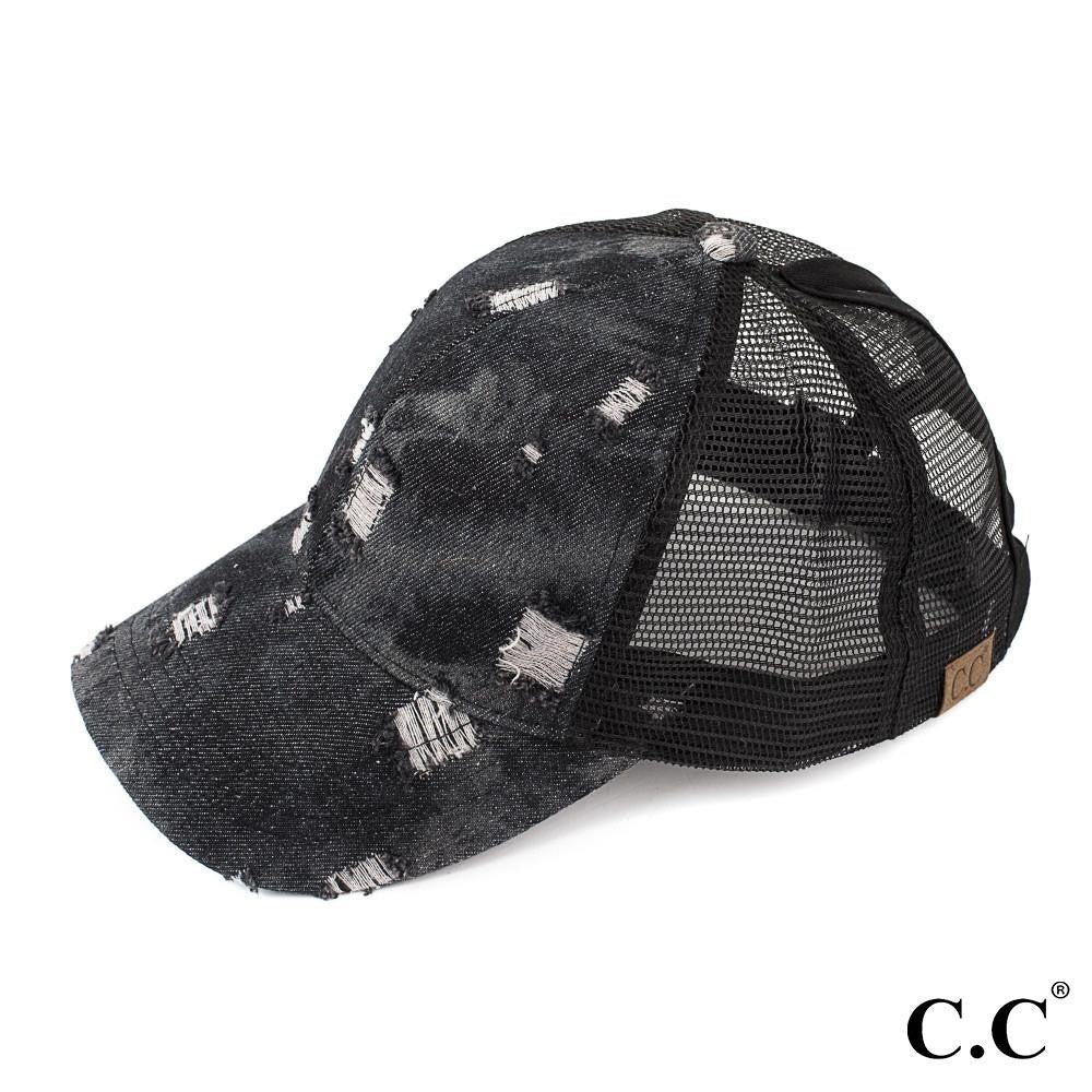 Damaged denim trucker ponytail cap with mesh back - Gals and Dogs Boutique Limited