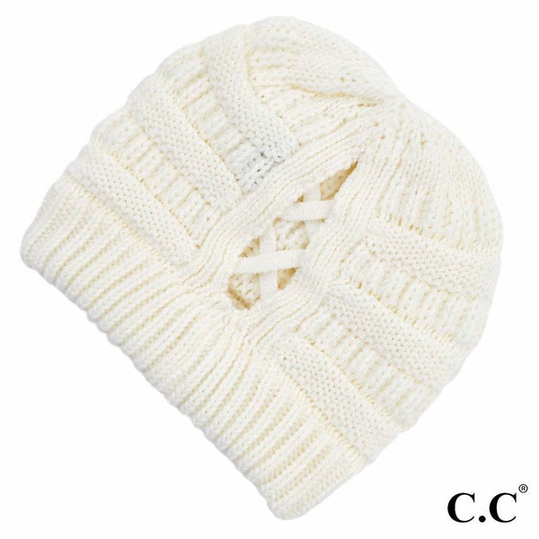 Ribbed Knit Beanie Featuring Criss-Cross Ponytail Detail