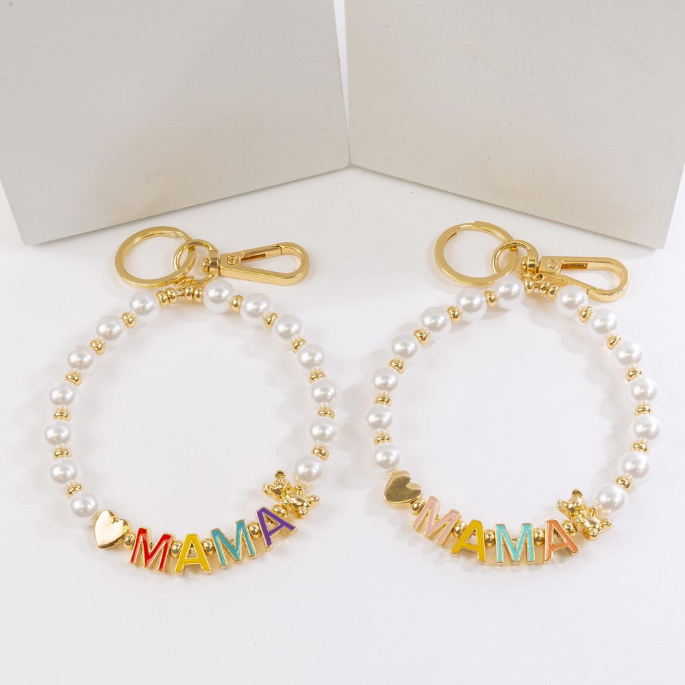 Enamel "Mama" Pearl Beaded Bracelet Keychain - Gals and Dogs Boutique Limited