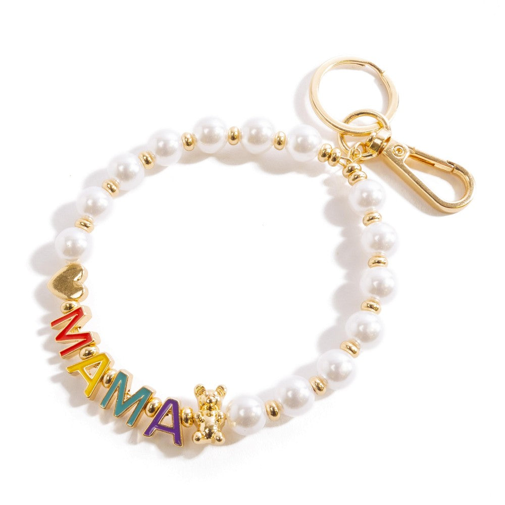 Enamel "Mama" Pearl Beaded Bracelet Keychain