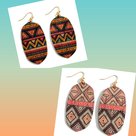 Cork Drop Earrings Featuring an Aztec Design - Gals and Dogs Boutique Limited