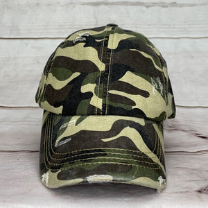 Green Camo Distressed Criss Cross Hat - Gals and Dogs Boutique Limited